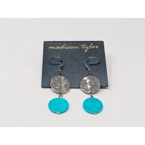 Madison Tyler Earrings Dangle Hammered Silver Tone Aqua Blue Round Pierced New